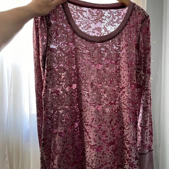 Burnout Knit Long Sleeve Tee Size XL Purple Floral Lightweight Sheer Y2K 2000s - Picture 8 of 11